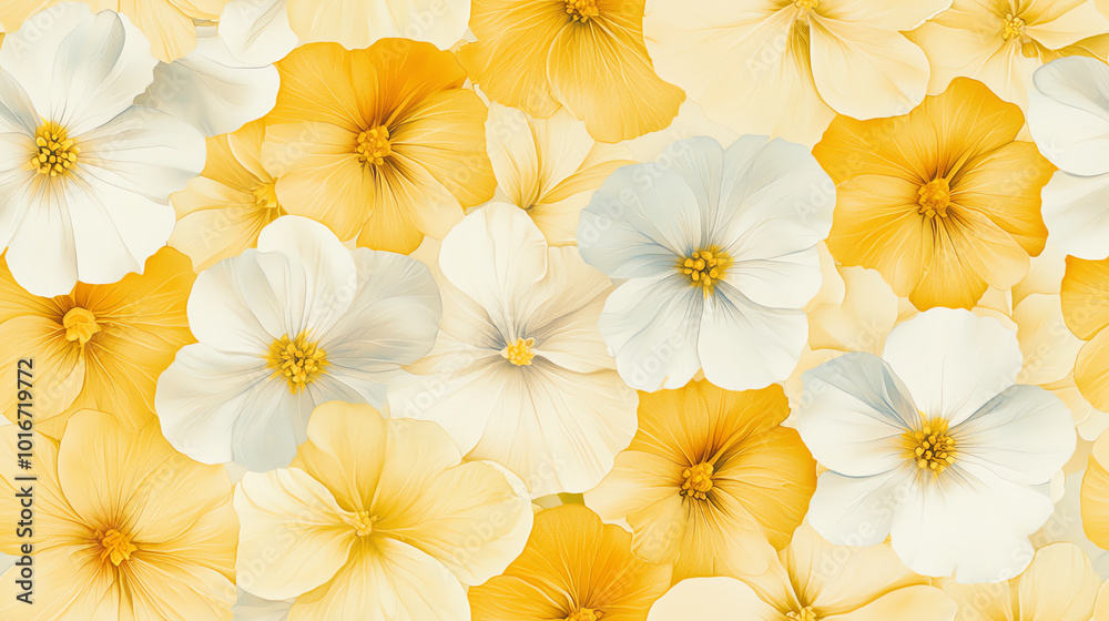 Obraz premium A vibrant floral pattern featuring delicate yellow and white flowers, perfect for spring themes and nature-inspired designs.