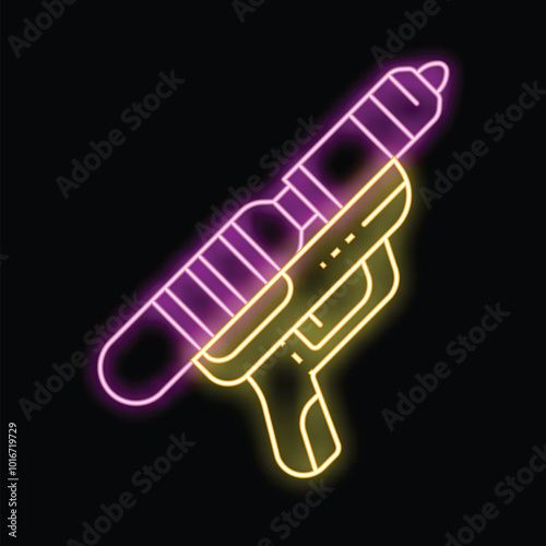 Colorful neon sign depicting a water gun, perfect for advertising summer fun and water activities