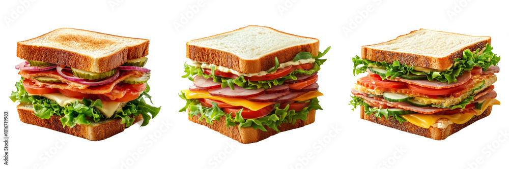 Assorted gourmet club sandwiches with layers of meat and vegetables isolated on transparent background food PNG for restaurant menu designs or sandwich advertisements Assorted gourmet club sandwiches with layers of meat and vegetables isolated on transparent background food PNG for restaurant menu designs or sandwich advertisements
