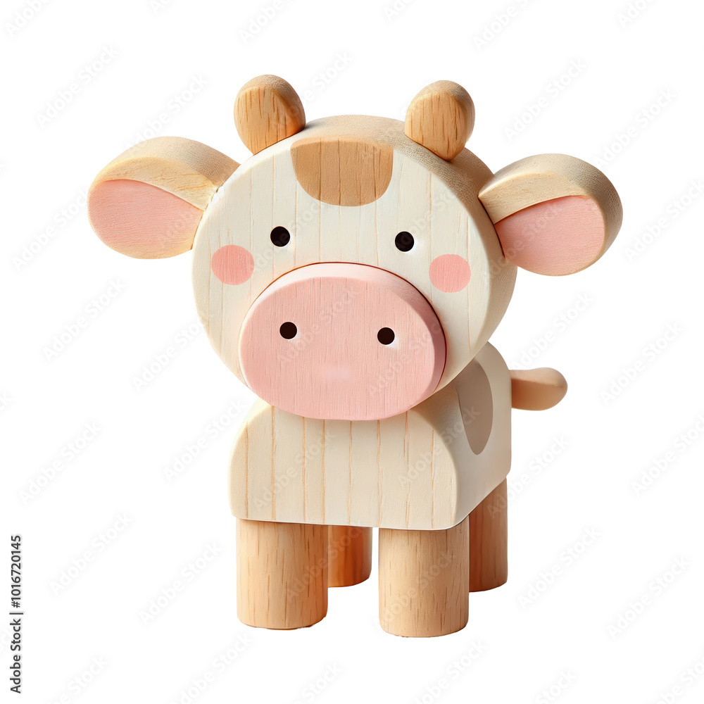Fototapeta premium Charming wooden cow toy, perfect for nursery decor or children's playtime, with delightful pastel colors. A perfect addition for animal lovers and young kids.