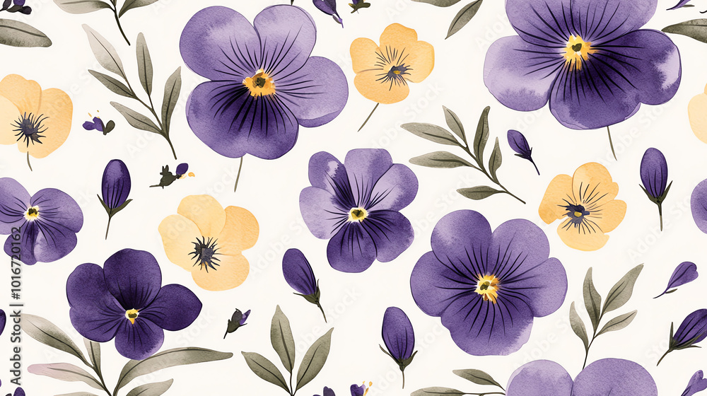 A vibrant floral pattern featuring purple and yellow pansies elegantly arranged on a light background, ideal for spring designs. A vibrant floral pattern featuring purple and yellow pansies elegantly arranged on a light background, ideal for spring designs.
