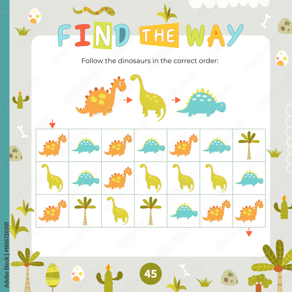 Little dino activities for kids. Find the way – follow the dinosaurs in the correct order. Maze games for kids. Vector illustration. Book square format. Little dino activities for kids. Find the way – follow the dinosaurs in the correct order. Maze games for kids. Vector illustration. Book square format.