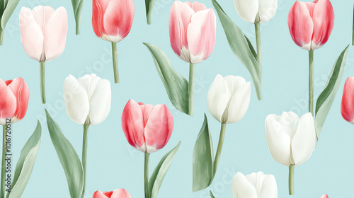 A vibrant pattern of tulips in pink and white colors, set against a soft blue background, perfect for spring-themed designs.