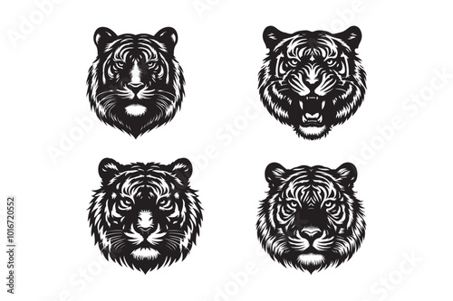 Tiger Head Silhouette black. white background set