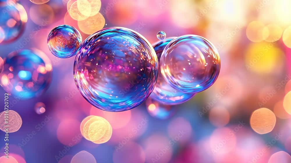 Soap bubbles floating over colorful bokeh lights