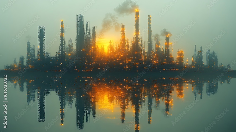 Silhouette of an industrial plant with smoke and reflection in water at sunrise. Silhouette of an industrial plant with smoke and reflection in water at sunrise.