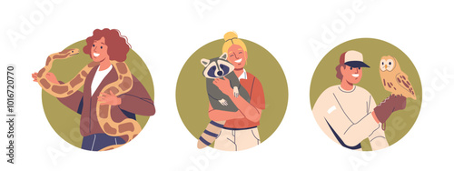 Isolated Vector Round Icons Or Avatars With Cartoon Characters Engage with Exotic and Wild Animals Showcasing Bond
