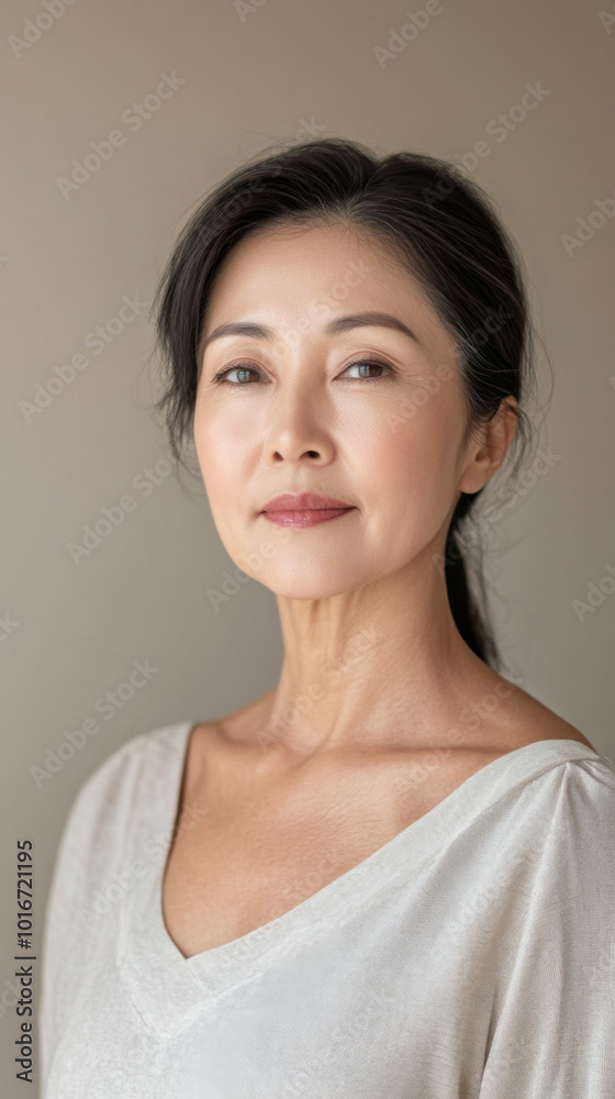 Portrait of middle-aged East Asian woman with neutral expression against plain background Portrait of middle-aged East Asian woman with neutral expression against plain background