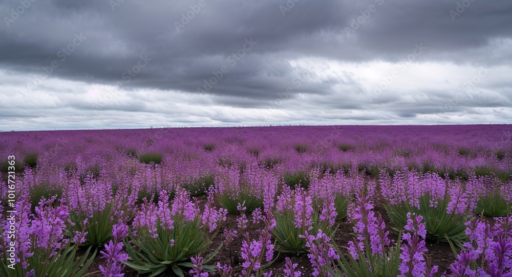 Obraz premium Muted violet flower field under cloudy skies background