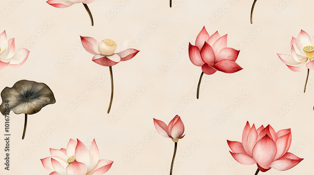Obraz premium Beautiful floral pattern featuring various lotus flowers on a soft background, perfect for wallpaper, fabric, or decor.