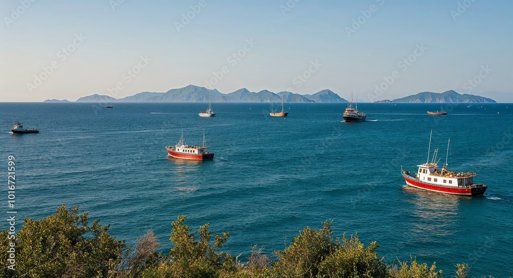 Fototapeta premium Ocean horizon with boats and distant islands background