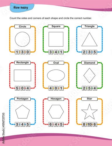 Counting sides and corners of 2D shapes worksheet. geometry. kindergarten