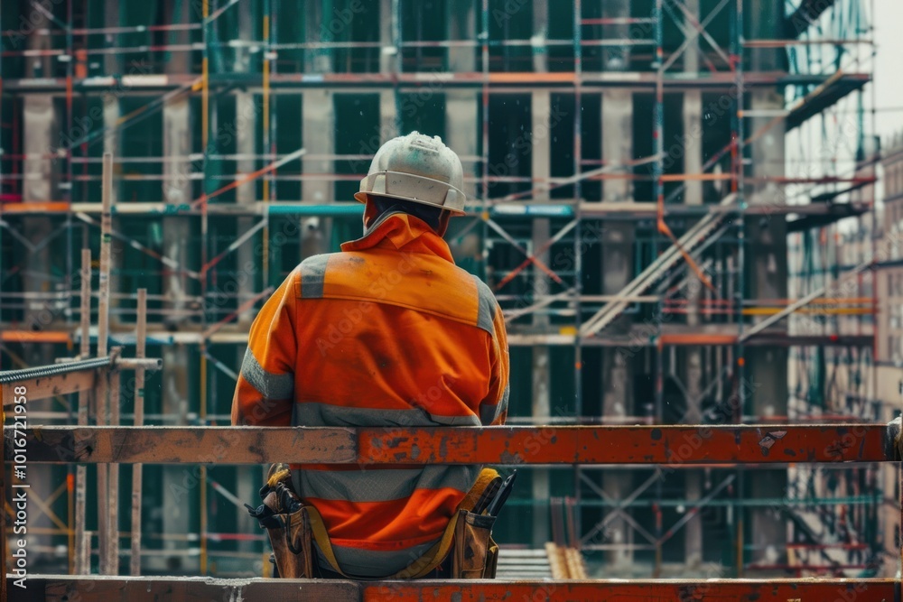 Worker working in front of the construction building adult architecture development. Worker working in front of the construction building adult architecture development.