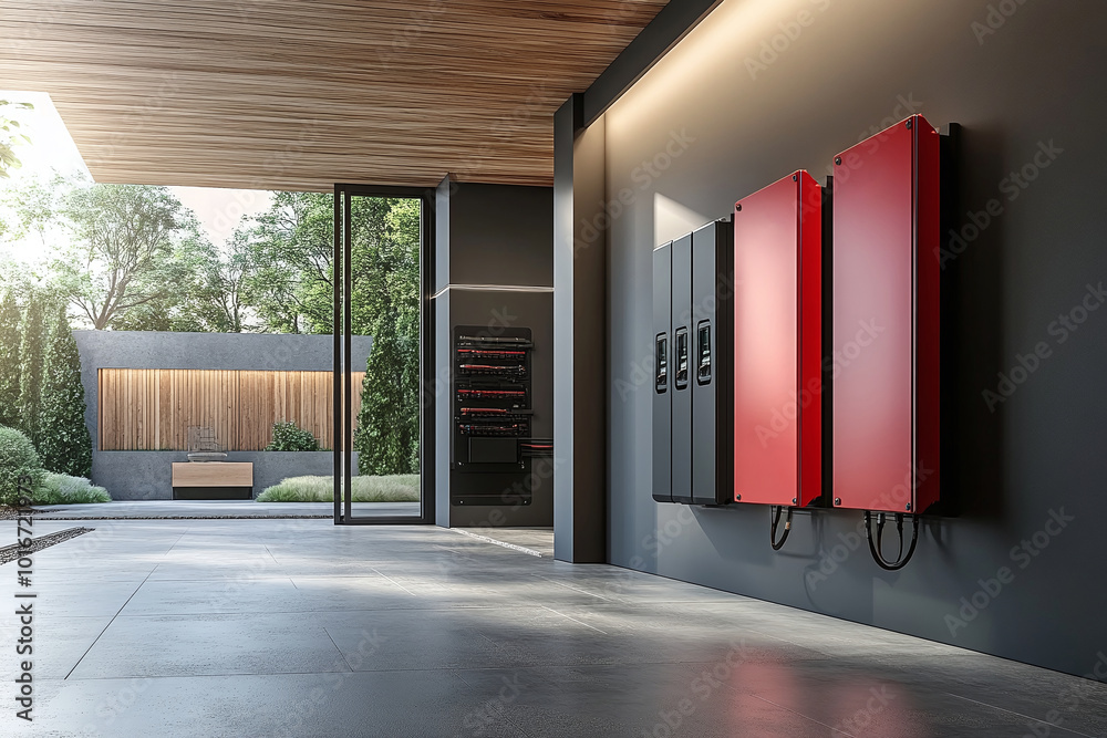 Concept of a home battery energy storage located in a garage. Battery ...