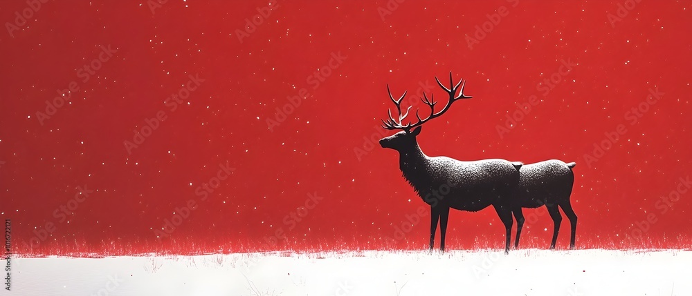 Majestic reindeer silhouette standing against a dramatic red snowy landscape in a 3D digital a moody and atmospheric winter scene