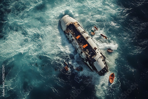 A distressed vessel surrounded by turbulent ocean waters, with small boats nearby, indicating a rescue operation in progress. photo