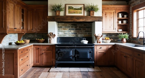 Rustic farmhouse kitchen with cast iron stove and wooden cabinets