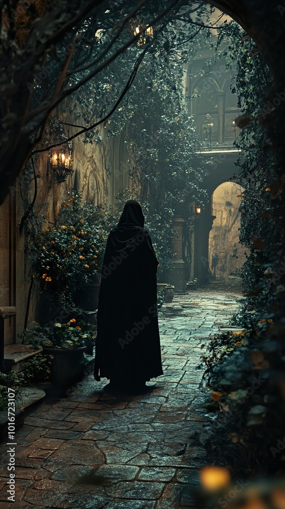 Mysterious Figure Walking Through a Foggy Medieval Garden Mysterious Figure Walking Through a Foggy Medieval Garden