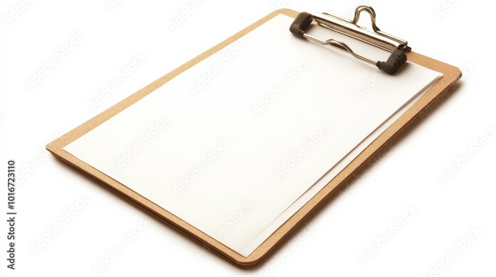Close-up of a blank clipboard with a wooden base and metal clip, isolated on a white background. Ideal for office and school use. Close-up of a blank clipboard with a wooden base and metal clip, isolated on a white background. Ideal for office and school use.
