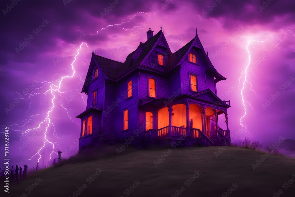 A haunted house on a hill with vibrant purple mist glowing orange windows and neon green lightning, Ai Generated A haunted house on a hill with vibrant purple mist glowing orange windows and neon green lightning, Ai Generated