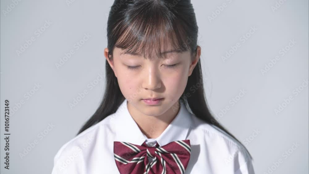 白背景,閉じた目を開く日本人女子中学生