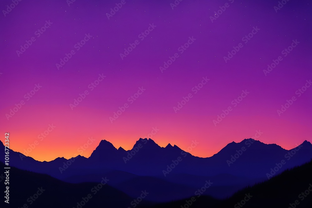 Obraz premium Silhouetted mountains against a neon orange and violet glowing twilight, AI Generated