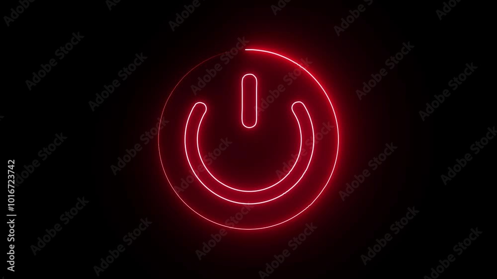 Glowing neon line power button turning on and off animation on the black screen .