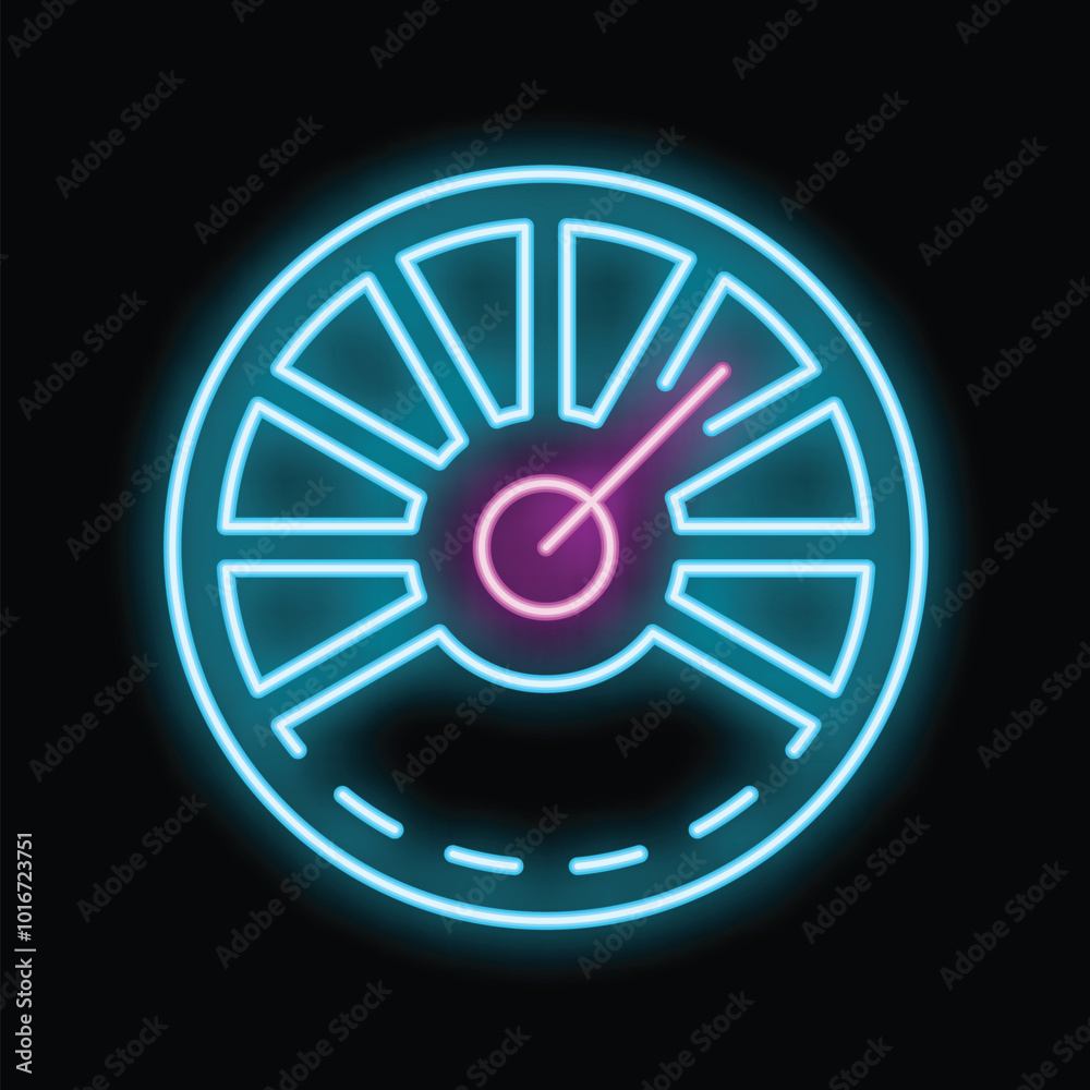 Glowing neon line speedometer icon isolated on black background. Abstract circle glowing lights. Vector illustration Glowing neon line speedometer icon isolated on black background. Abstract circle glowing lights. Vector illustration