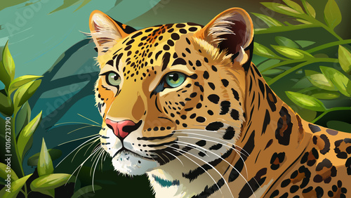 A close-up portrait of a leopard with its head turned to the side, revealing its distinctive spotted fur and intense gaze. The background is blurred, suggesting a natural environment