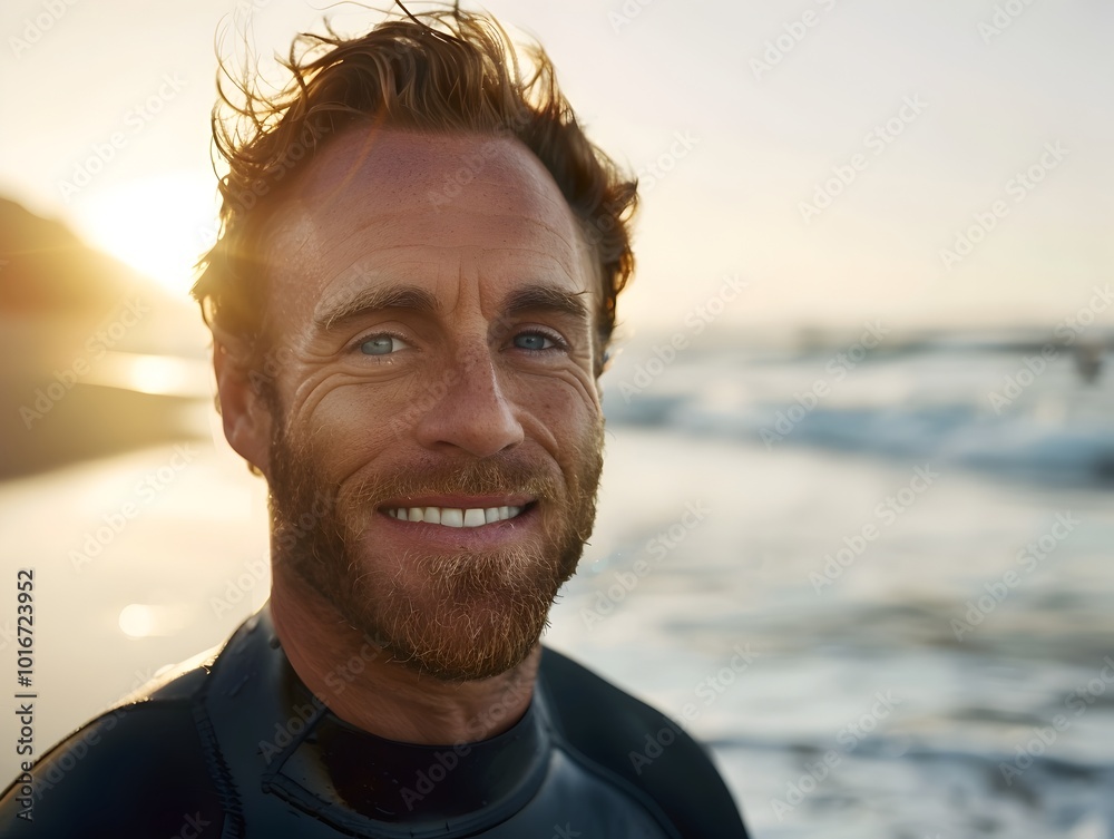 Handsome Man in Surfer Wetsuit Smiling at Sunny Beach with Ocean Waves