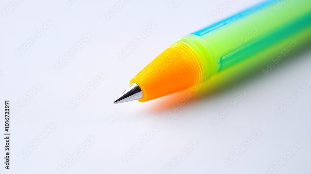Close-up of a colorful ballpoint pen with a vibrant gradient design, placed on a clean white surface, emphasizing creativity and writing tools. Close-up of a colorful ballpoint pen with a vibrant gradient design, placed on a clean white surface, emphasizing creativity and writing tools.