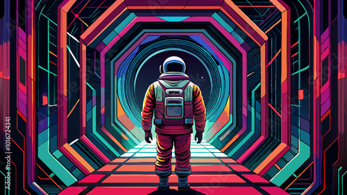 Astronaut staring into rectangular portal concentric frames liminal void tunnel abstract glitch art black background, high detail, centered composition