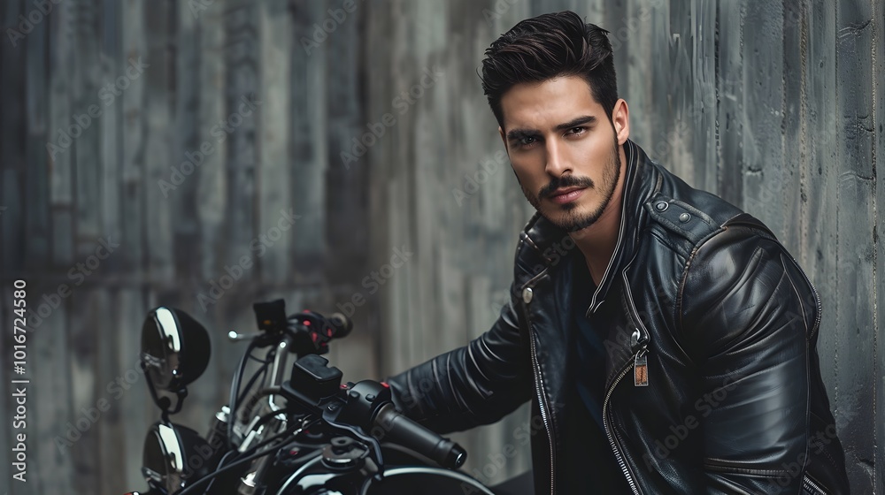 Naklejka premium Captivating Portrait of a Leather Clad Biker Standing Beside His Motorcycle