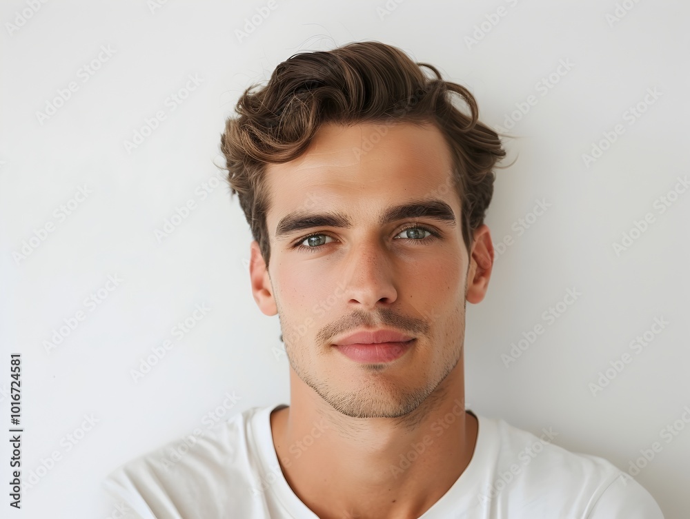 Handsome Man in Minimalist Outfit Against Crisp White Background Portrait Concept Handsome Man in Minimalist Outfit Against Crisp White Background Portrait Concept