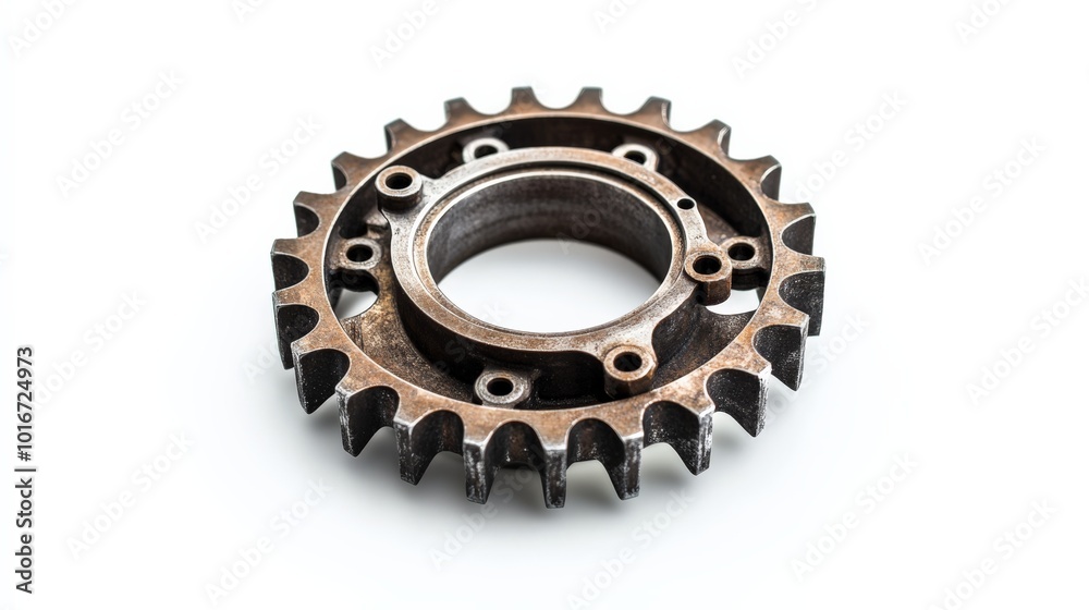 Close-up of a metal gear with intricate teeth, isolated on a white background. Ideal for engineering and mechanical concepts. Close-up of a metal gear with intricate teeth, isolated on a white background. Ideal for engineering and mechanical concepts.
