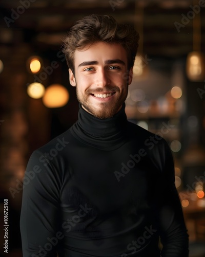 Charming Man Wearing Turtleneck Smiling Mysteriously in Dimly Lit Jazz Club Portrait