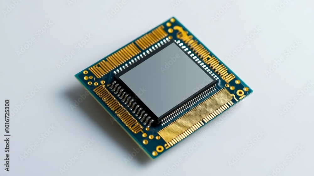 Close-up of a microchip on a white background, showcasing intricate circuit design and modern technology suitable for electronic innovation. Close-up of a microchip on a white background, showcasing intricate circuit design and modern technology suitable for electronic innovation.