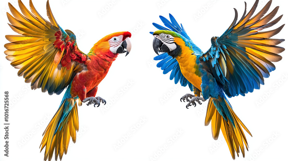 Fototapeta premium Set of colorful flying macaw parrot, isolated on white background 
