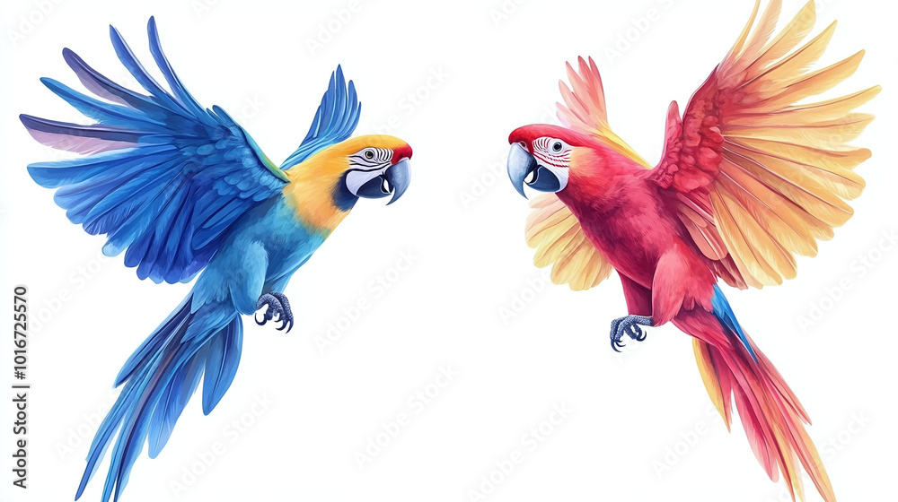Obraz premium Set of colorful flying macaw parrot, isolated on white background