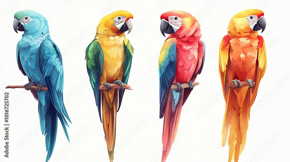 Naklejka premium Set of different macaw parrot, isolated on white background 