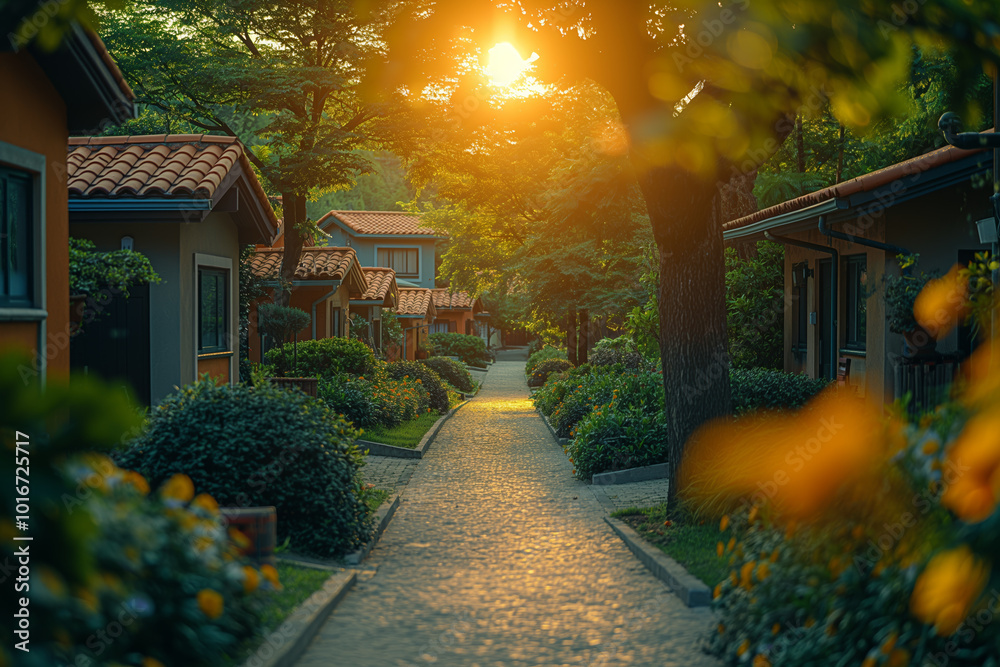 Fototapeta premium Serene Suburban Pathway at Sunset with Cozy Homes and Lush Greenery