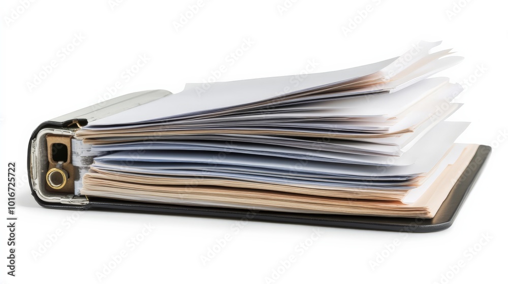Close-up of a packed binder with various documents and papers, ideal for business, office, or educational use. Organized and professional. Close-up of a packed binder with various documents and papers, ideal for business, office, or educational use. Organized and professional.
