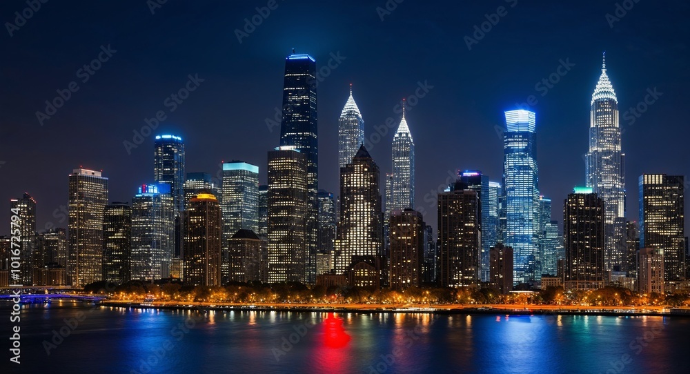 Fototapeta premium Urban skyline at night with illuminated skyscrapers