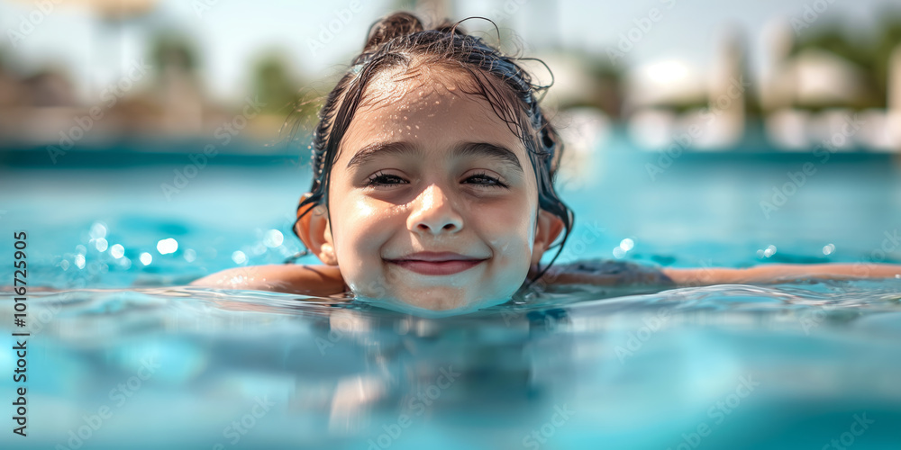 Smiling Child Enjoying Refreshing Swim in Clear Blue Pool on Sunny Day Smiling Child Enjoying Refreshing Swim in Clear Blue Pool on Sunny Day