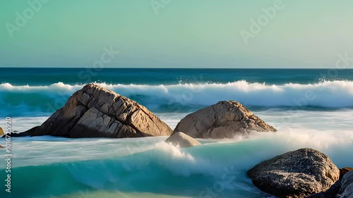 Waves Crashing on Rocky Shoreline at Sunset photo