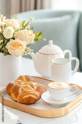 A cozy breakfast setting featuring a croissant, coffee, and fresh flowers, perfect for relaxation and enjoyment.