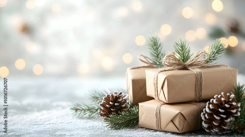 Wrapped Gifts with Pine Cones and Twigs on a Snowy Surface with Bokeh Background Wrapped Gifts with Pine Cones and Twigs on a Snowy Surface with Bokeh Background