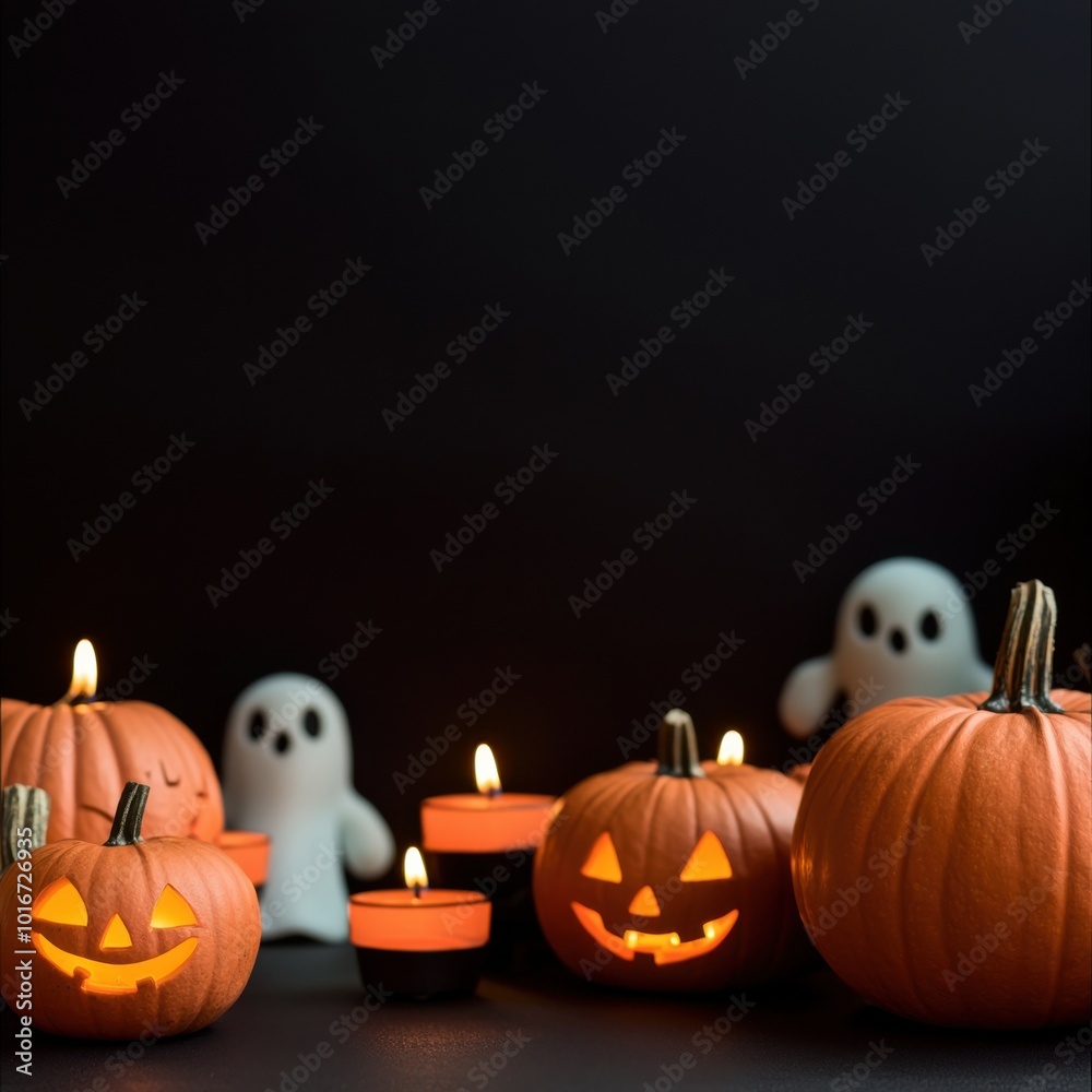 Halloween decorations with pumpkins and ghost candles on a dark background. Halloween decorations with pumpkins and ghost candles on a dark background.
