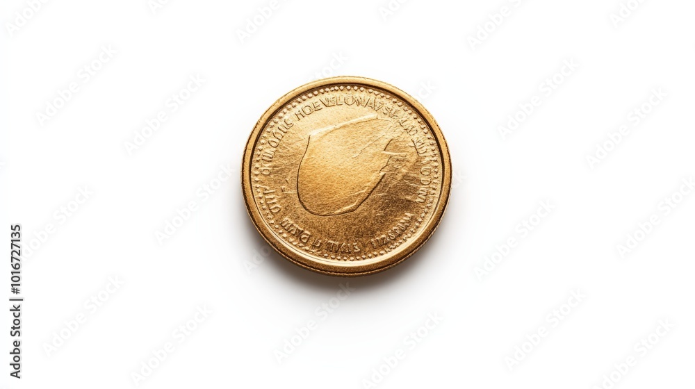 Close-up of a single gold coin on a white background, showcasing intricate details and mint condition for financial and economic concepts. Close-up of a single gold coin on a white background, showcasing intricate details and mint condition for financial and economic concepts.