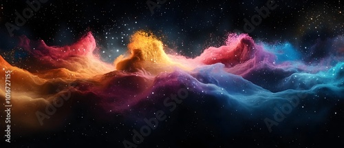 Vibrant and dynamic cosmic wave of colors energy and creativity washing over a serene and ethereal black and white landscape visualizing the transformative power of the creative spirit